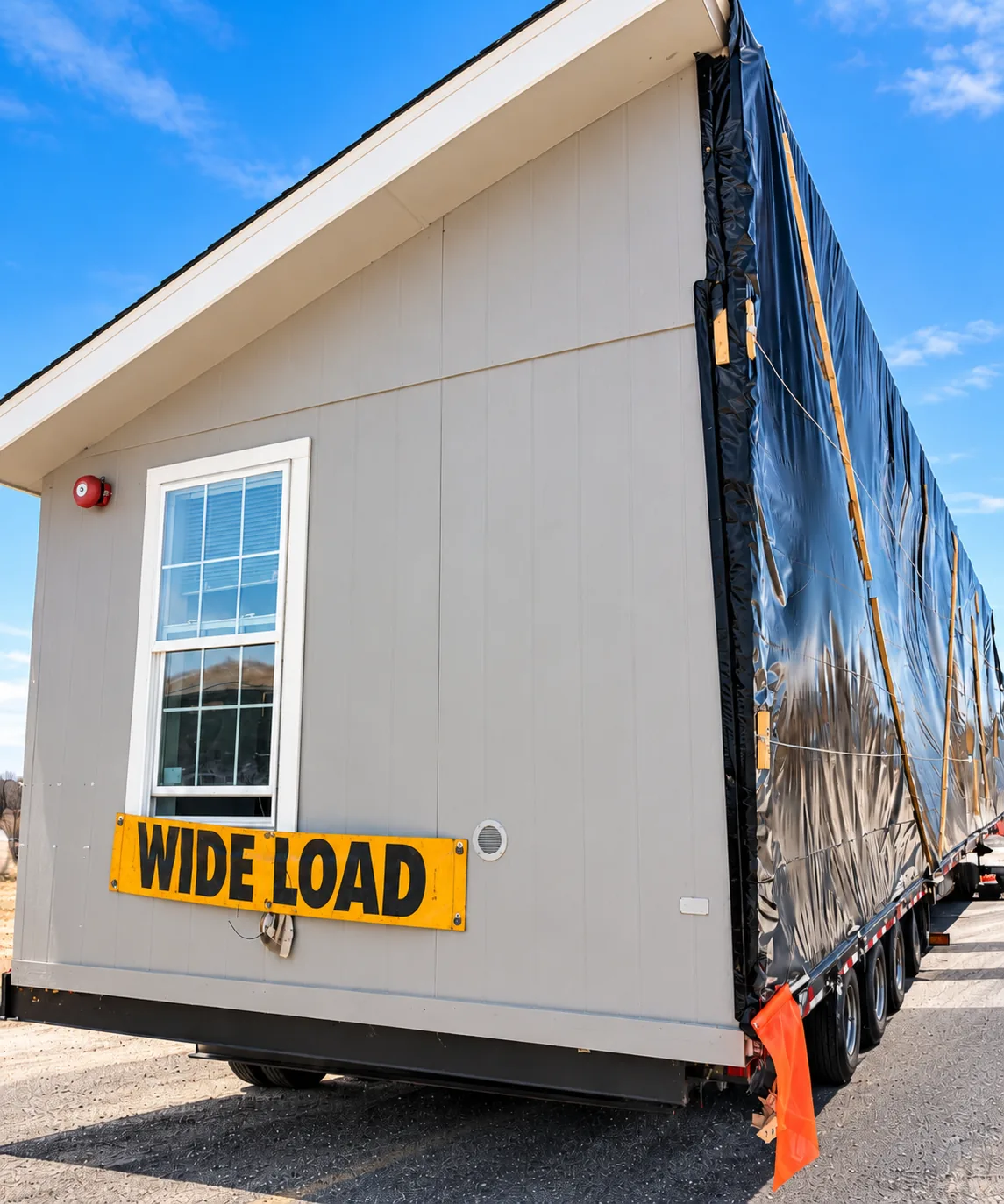 Opposite side of a modular home secured on a transport trailer