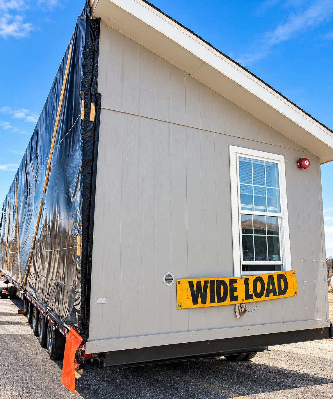 Manufactured home on a transport trailer with protective wrap and a yellow WIDE LOAD sign